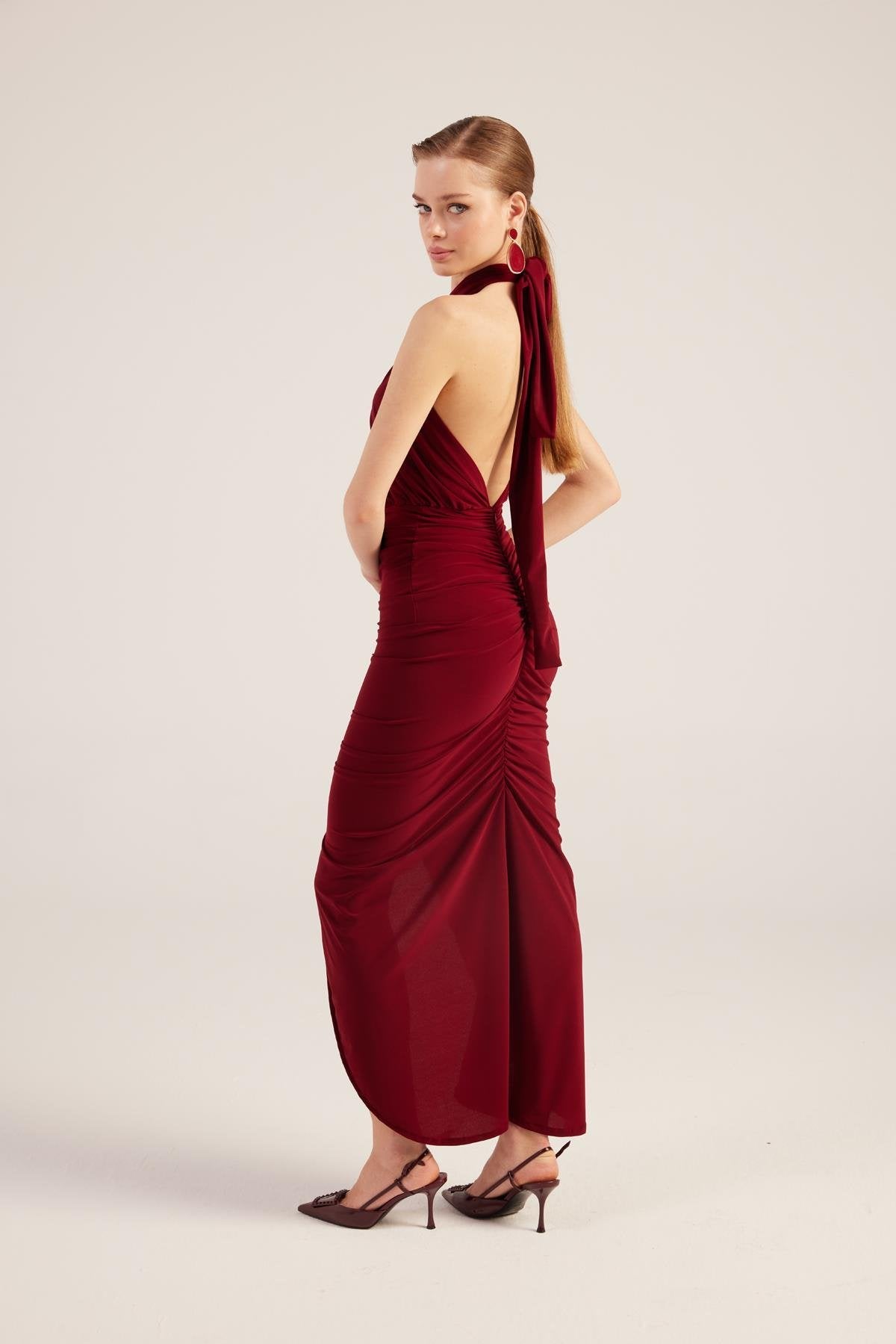 Marie Burgundy Backless Slit Maxi Dress